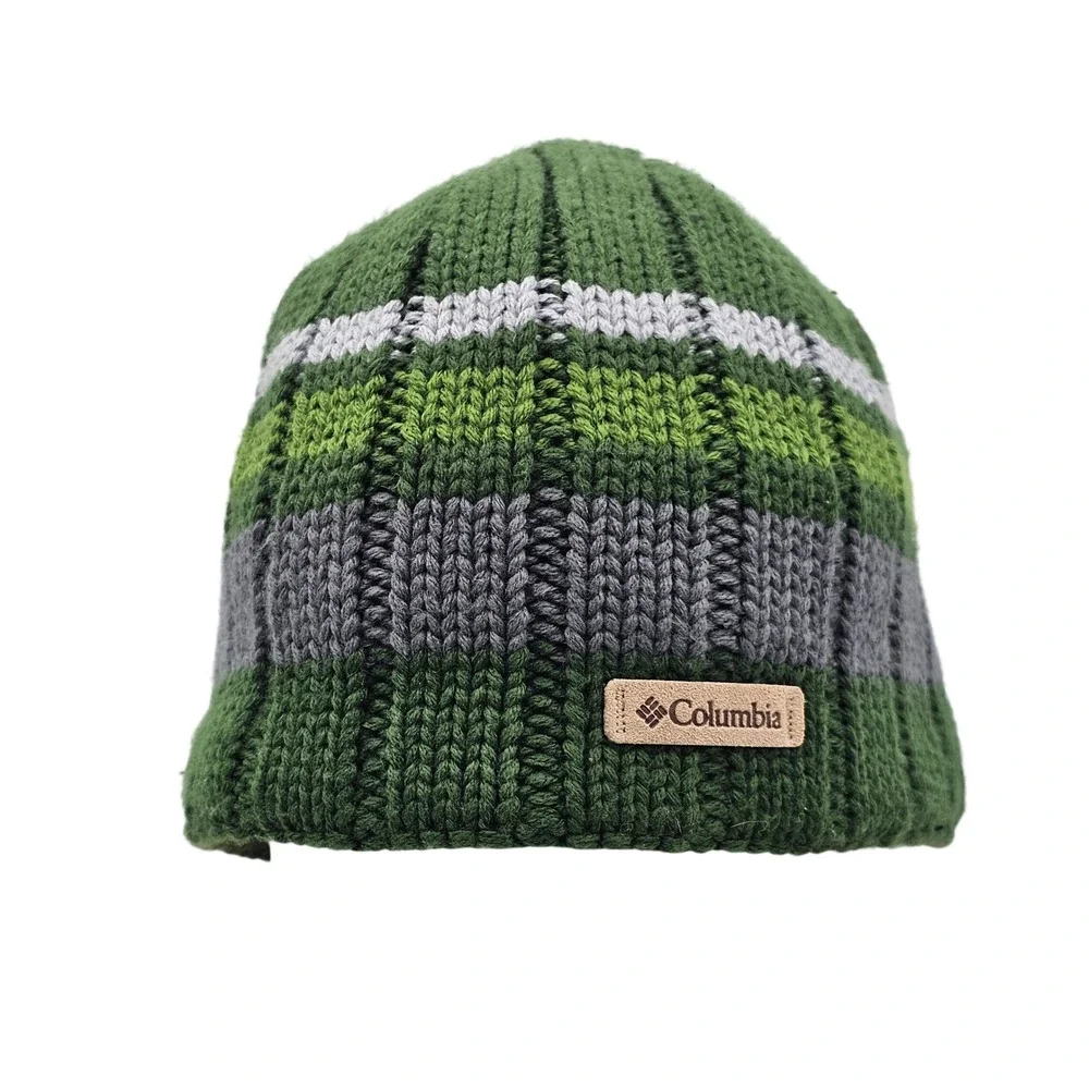 Columbia In-Bounds Beanie‎ Green Grey Stripe Fleece Lined Knit Winter Hat Unisex